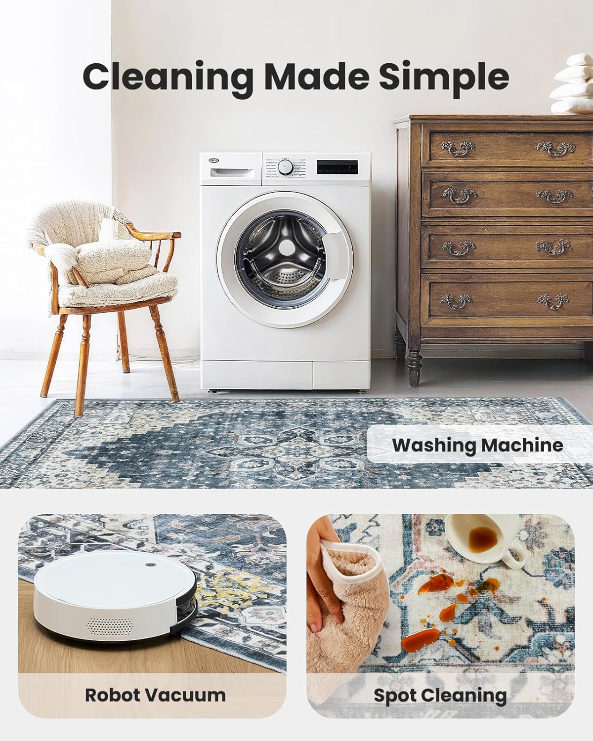 HOMEFURNISHING 8x10 Washable Area Rug, Low-Profile Large Area Rug with Non-Slip Backing & Durable Edge Binding, Vintage Large Rugs for Living Room, Bedroom, Dinning Room