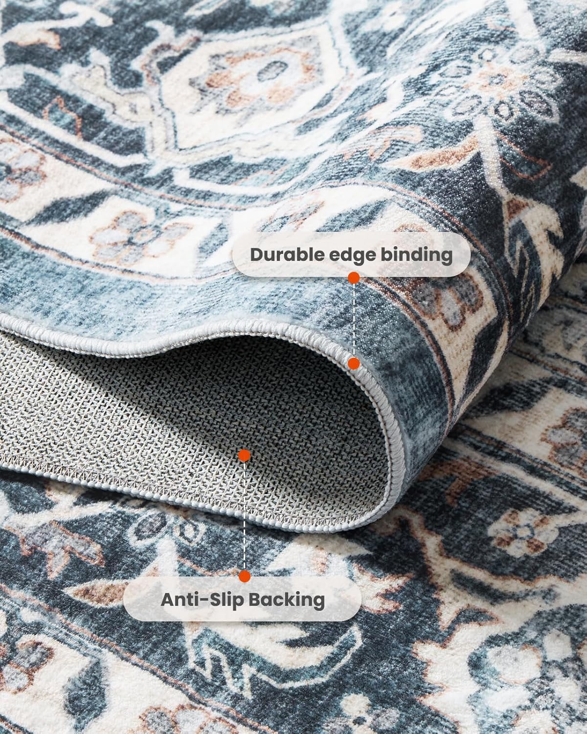 HOMEFURNISHING 8x10 Washable Area Rug, Low-Profile Large Area Rug with Non-Slip Backing & Durable Edge Binding, Vintage Large Rugs for Living Room, Bedroom, Dinning Room