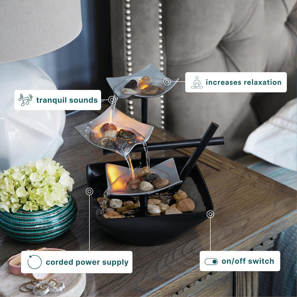 Homedics Tabletop Water Fountain, Home Décor Soothing Sound Machine - Automatic Pump, Deep Basin & Natural River Rocks. Indoor Zen Relaxation for Office, Living Room, or Bedroom,